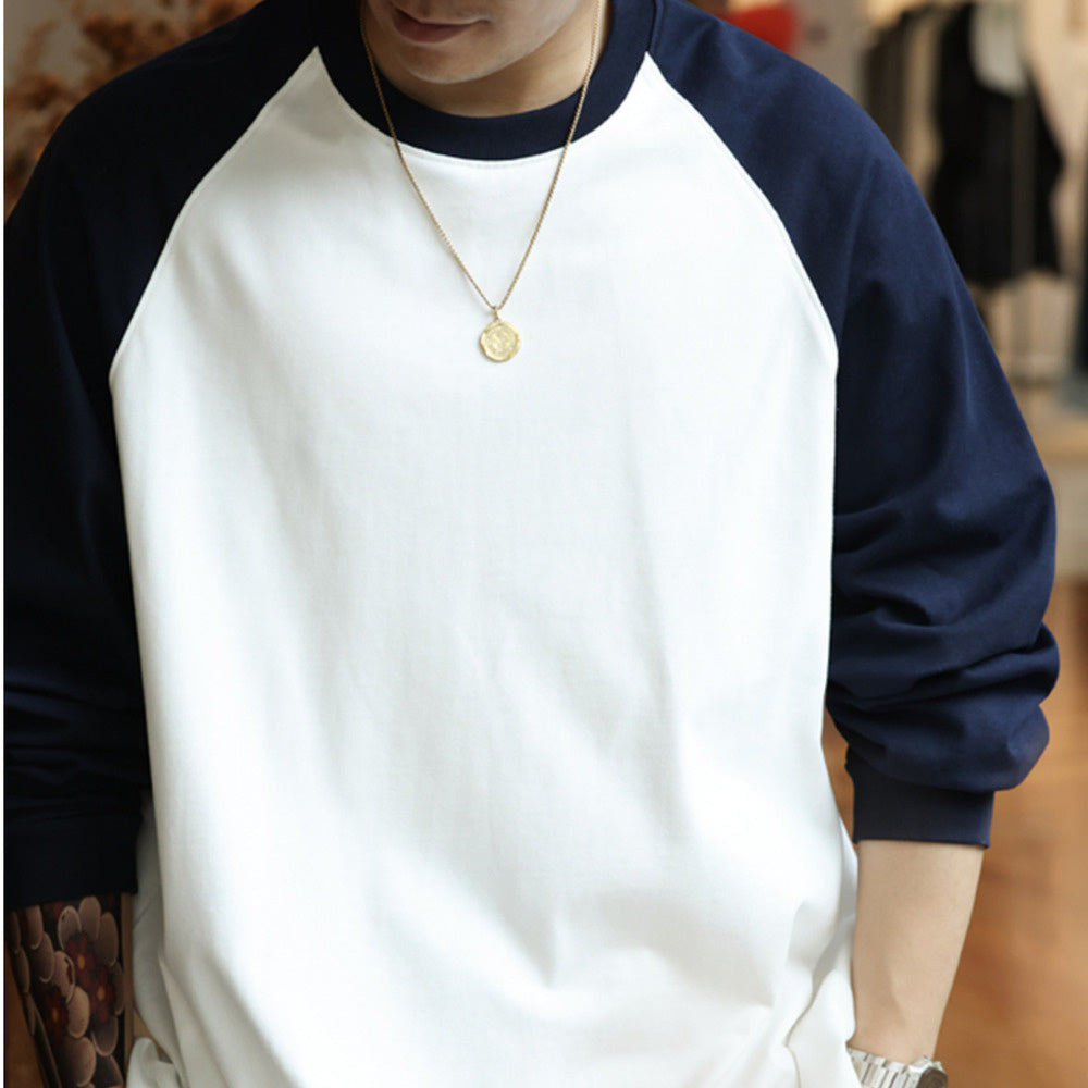 重磅純棉300g日系撞色插肩長袖T恤男寬鬆基礎版復古打底衫秋-Retro's Wear