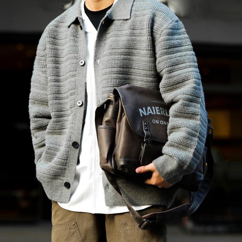 美式慵懶風翻領開衫毛衣男重工肌理加厚保暖外穿針織外套冬-Retro's Wear