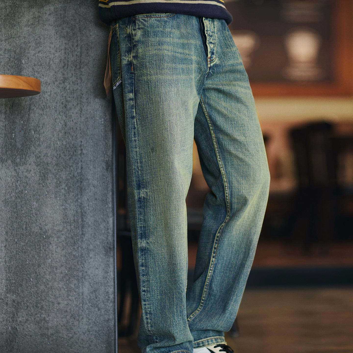 藍色赤耳窄幅紅邊直筒牛仔褲男2025秋冬新款純棉水洗做舊丹寧長褲