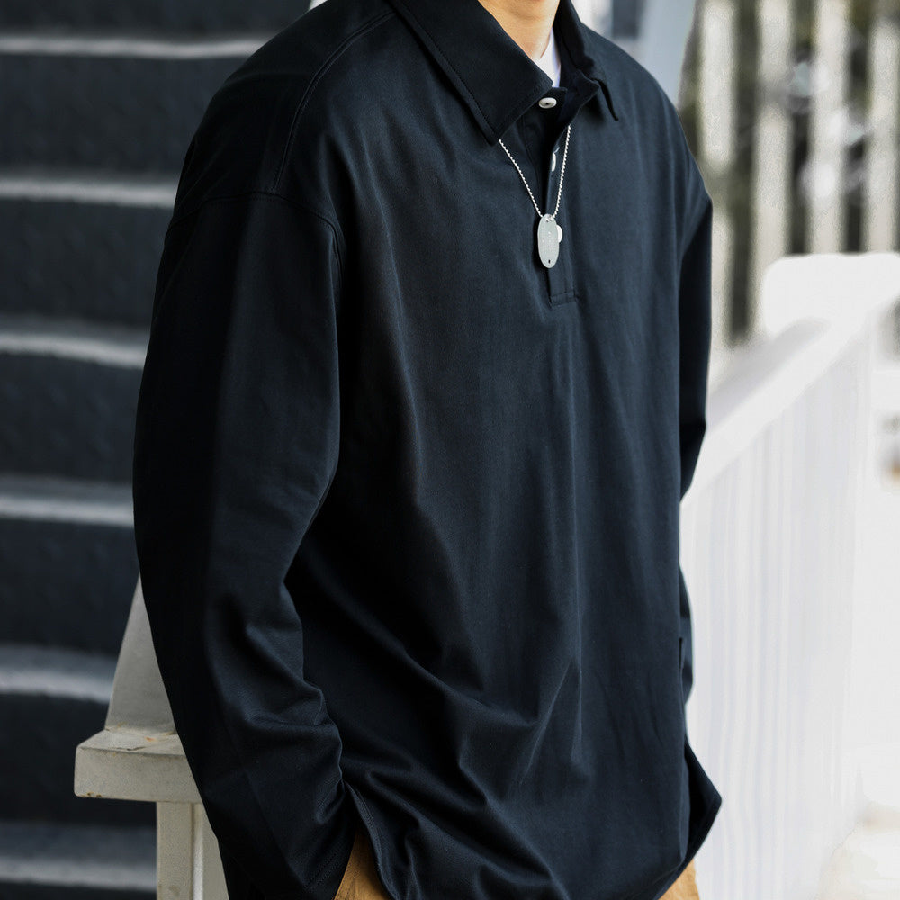 美式休閒口袋翻領長袖POLO衫男弧形下擺戶外運動疊穿工裝T恤-Retro's Wear