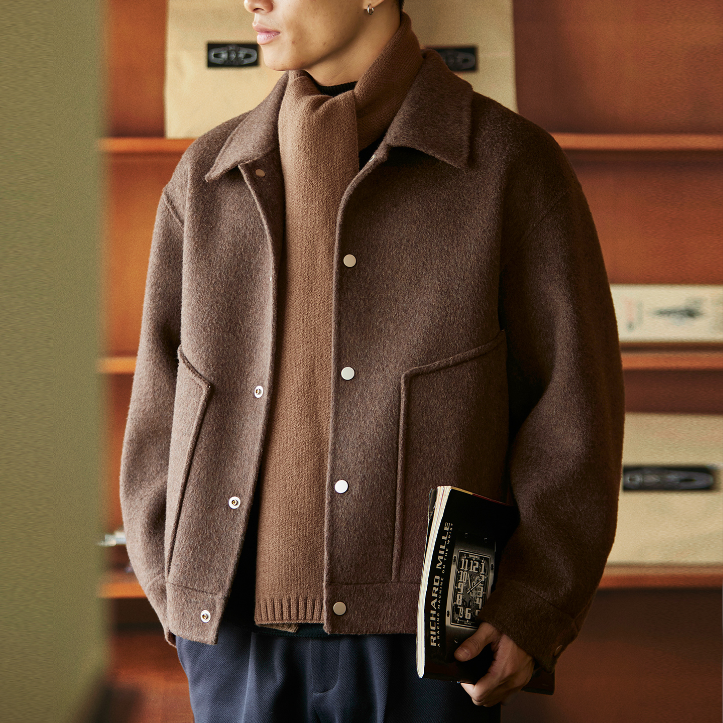 雙面呢羊毛翻領休閒夾克男2025冬季新款通勤保暖羊絨毛呢大衣外套