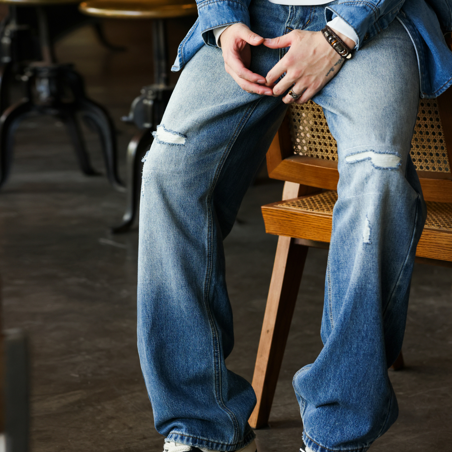 美式復古12盎司破洞補丁牛仔褲男石磨紋理闊腿直筒長褲