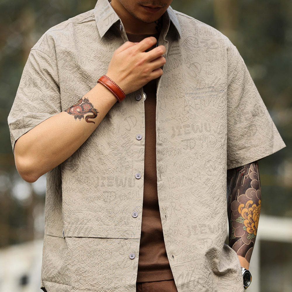 美式休閒夏威夷短袖襯衫男滿印提花雅痞復古疊穿襯衣