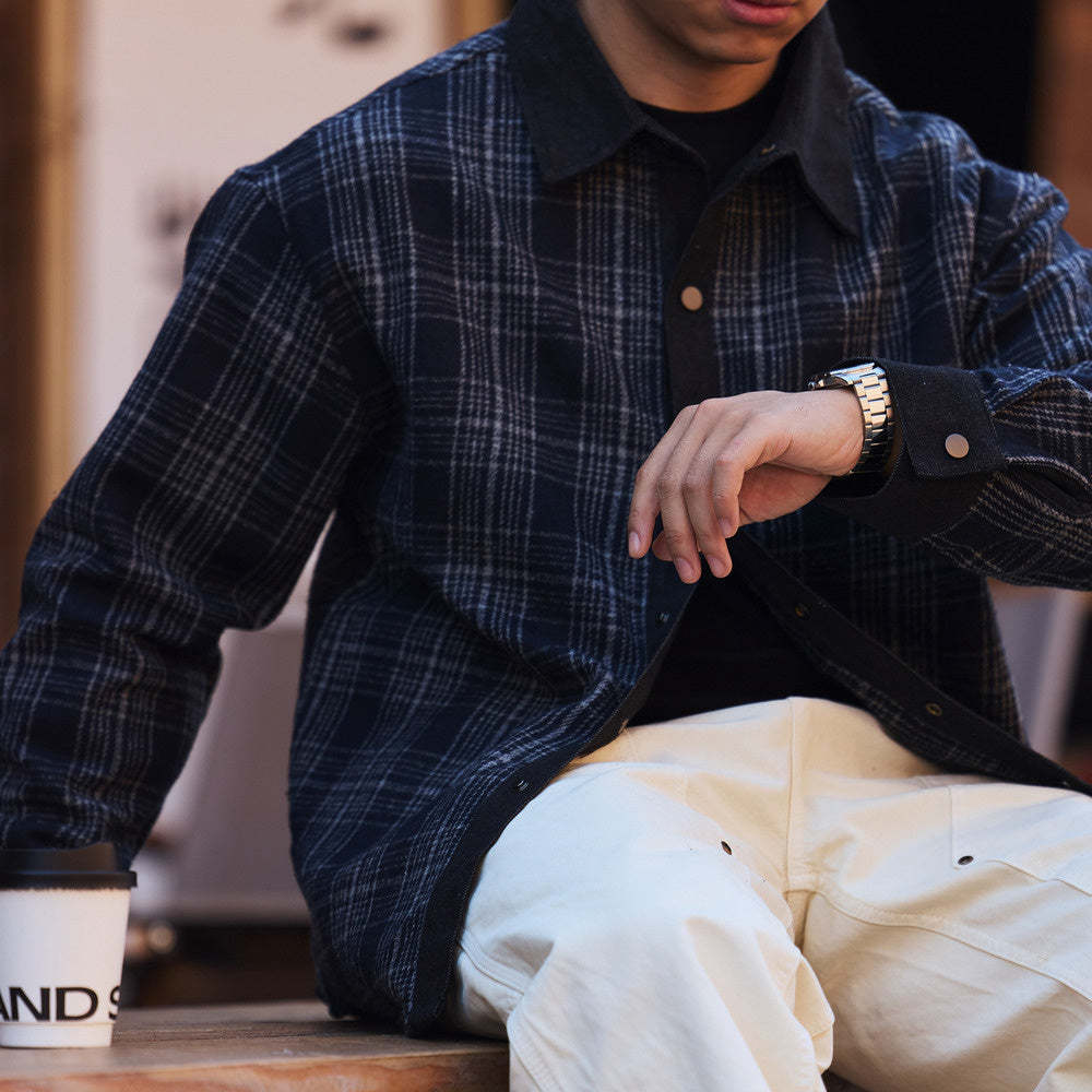 日系復古牛仔拼接格子襯衫男寬鬆羊毛混紡長袖襯衣外套