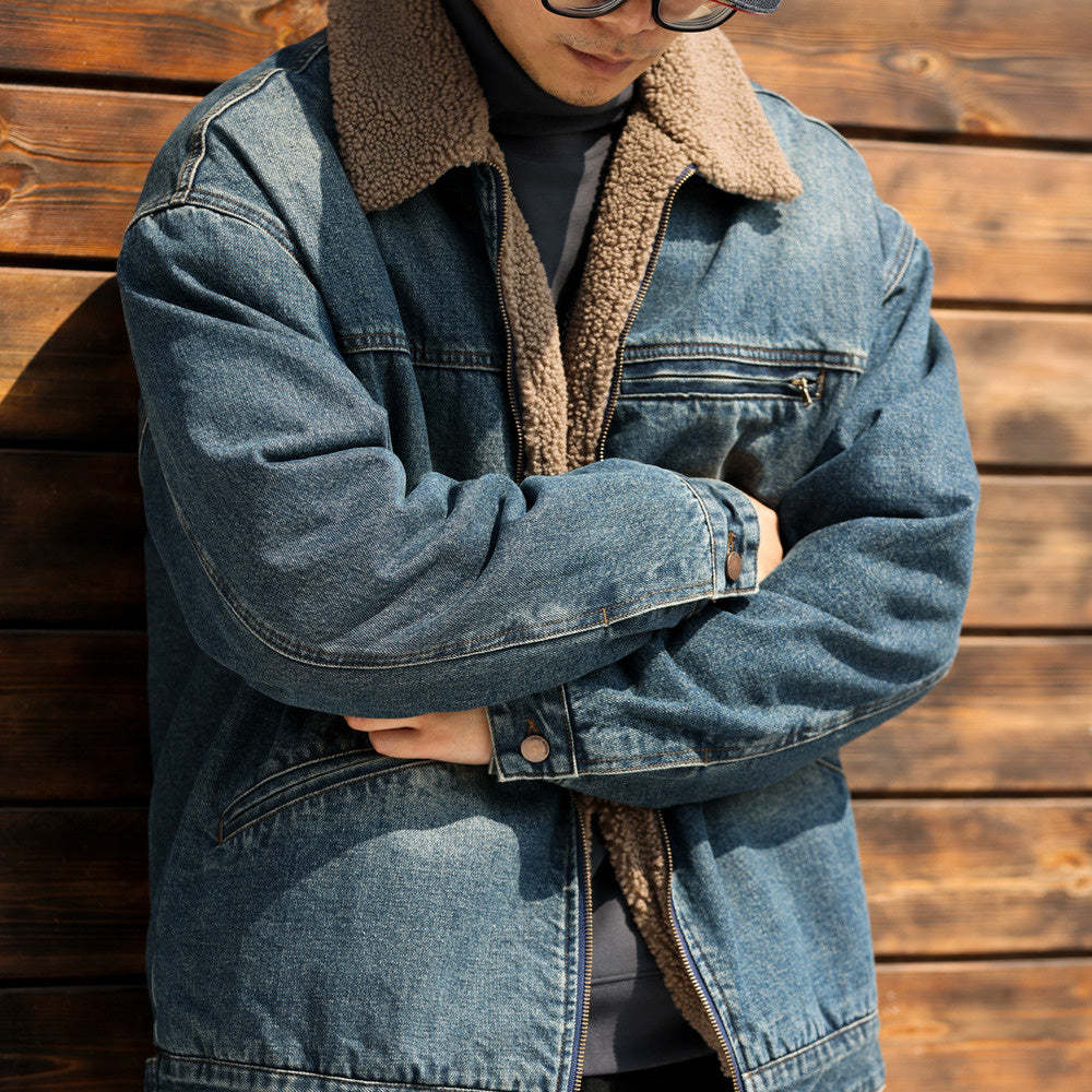 日系復古翻領羊羔絨外套男加絨加厚微闊保暖工裝牛仔夾克冬-Retro's Wear