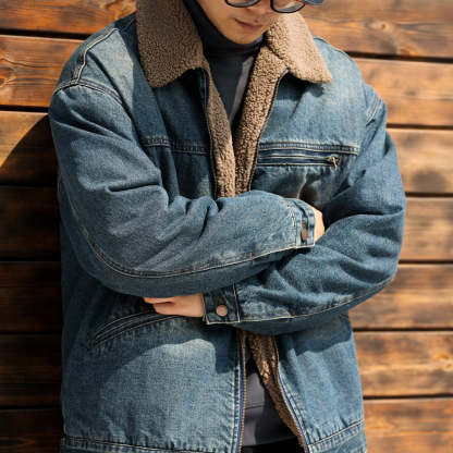 日系復古翻領羊羔絨外套男加絨加厚微闊保暖工裝牛仔夾克冬-Retro's Wear