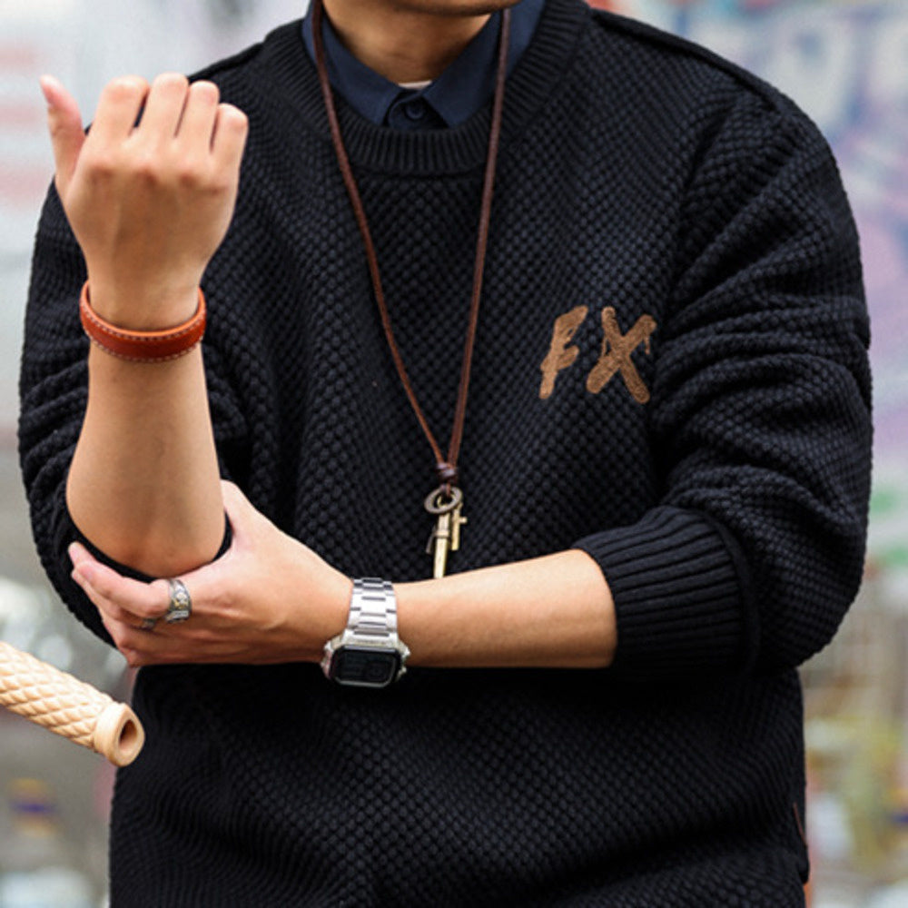 美式復古粗針線重磅毛衣男士圓領寬鬆慵懶風高級感針織衫冬-Retro's Wear