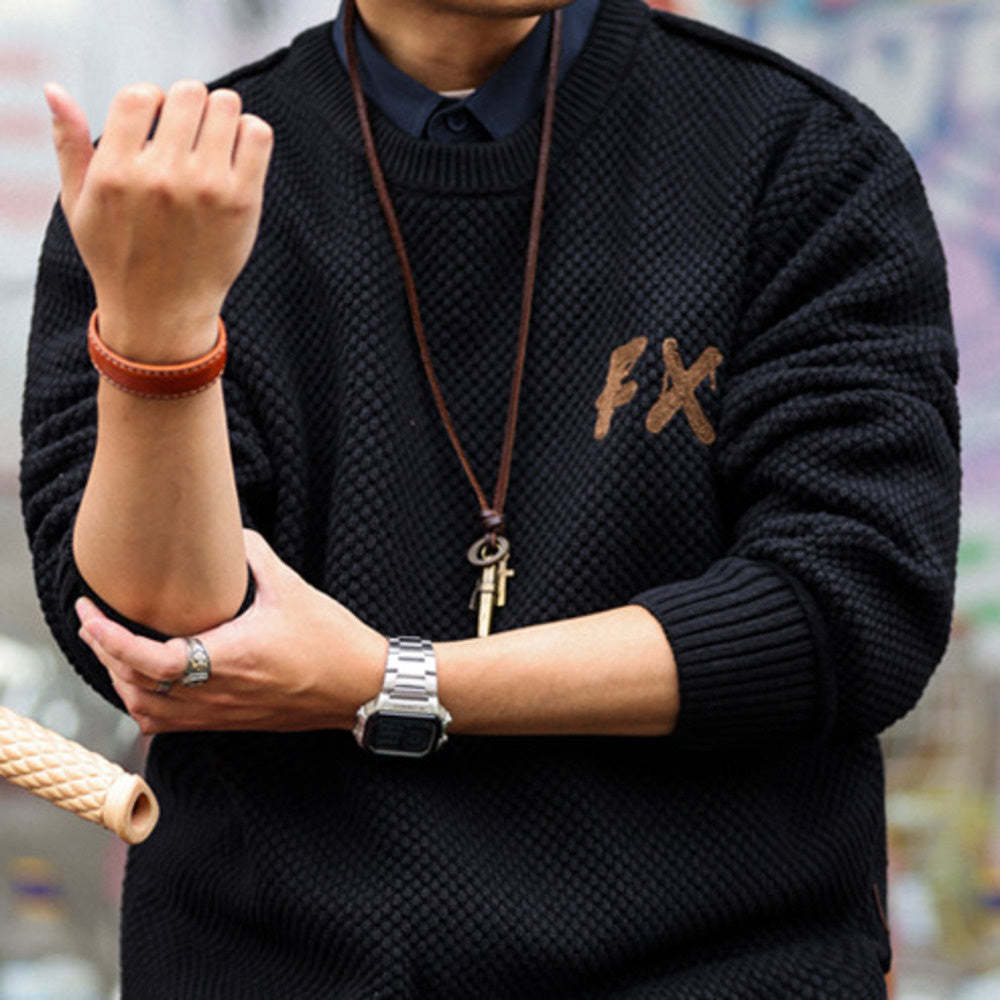 美式復古粗針線重磅毛衣男士圓領寬鬆慵懶風高級感針織衫冬-Retro's Wear