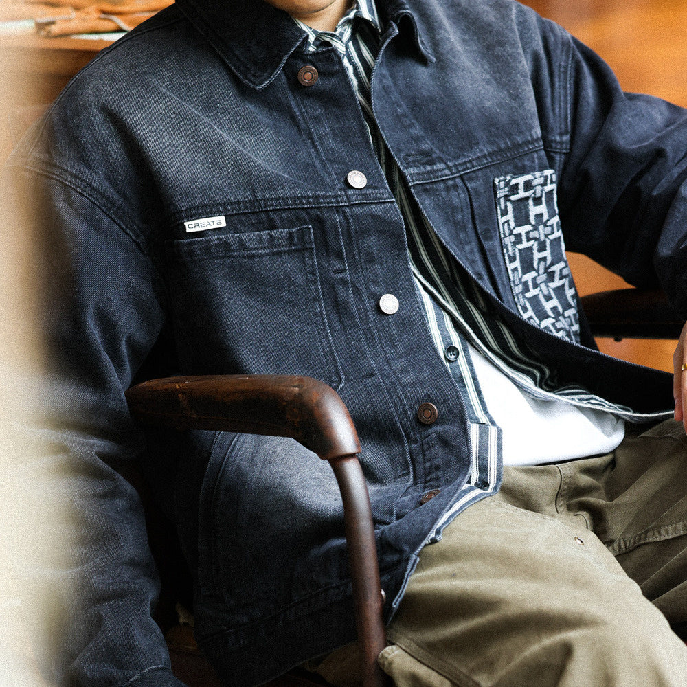 美式復古風暴騎士牛仔夾克男腰果花拼接口袋設計獵裝機車外套-Retro's Wear