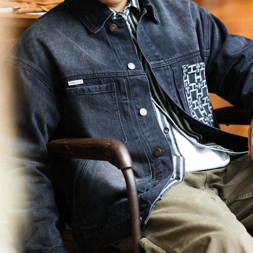 美式復古風暴騎士牛仔夾克男腰果花拼接口袋設計獵裝機車外套-Retro's Wear