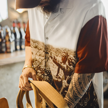 美式復古撞色古巴領襯衫垂感滿印花襯衣薄款短袖外套男夏