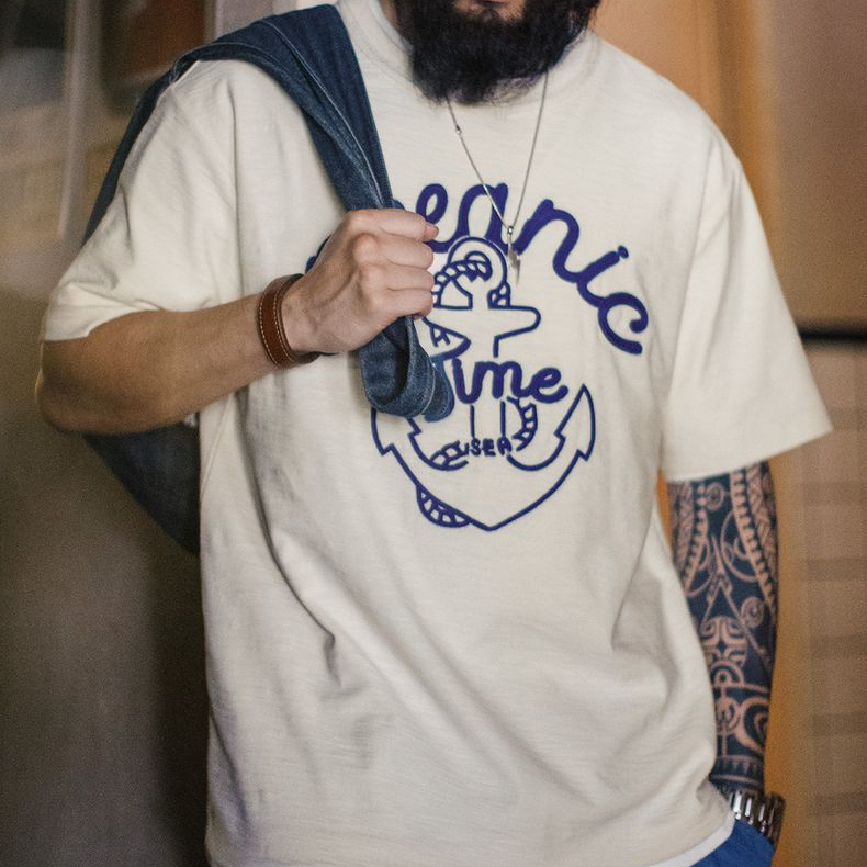 美式復古海軍刺繡T恤白色重磅竹節棉螺紋領口短袖男夏季