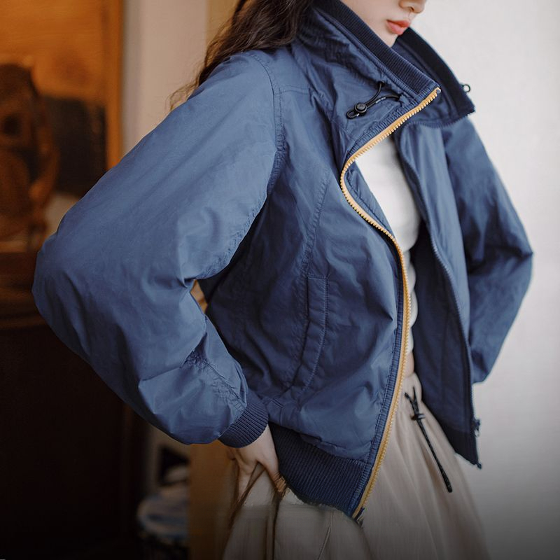 羅紋立領夾克美式棒球服夾棉收腰外套百搭加厚保暖棉衣秋冬女-Retro's Wear