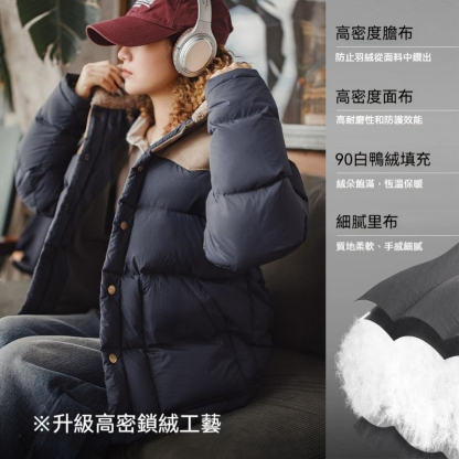 90白鴨絨撞色麂皮拼接翻領加厚保暖工裝羽絨服夾克外套女冬季