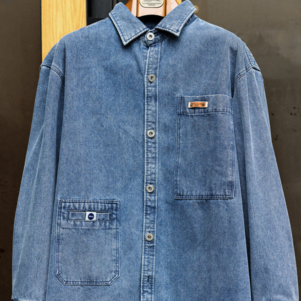 美式工裝長袖牛仔襯衫男寬鬆翻領百搭古著感休閒襯衣外套秋-Retro's Wear