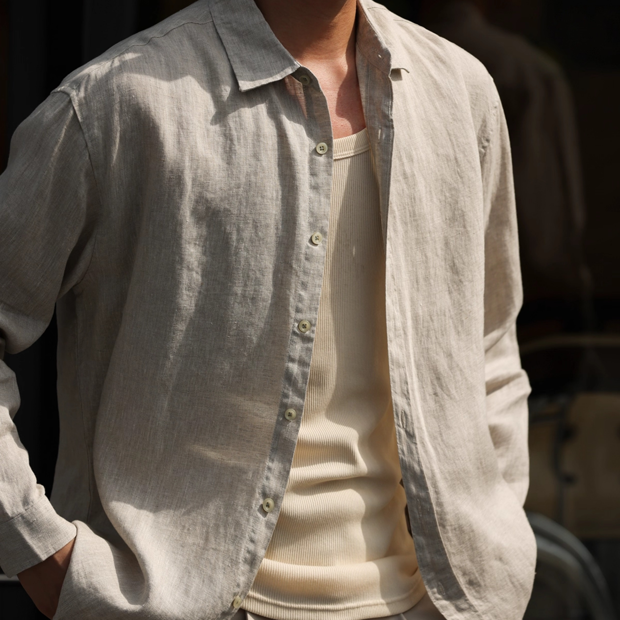 美式休閒100%亞麻長袖襯衫男透氣鬆弛感老錢襯衣外套秋