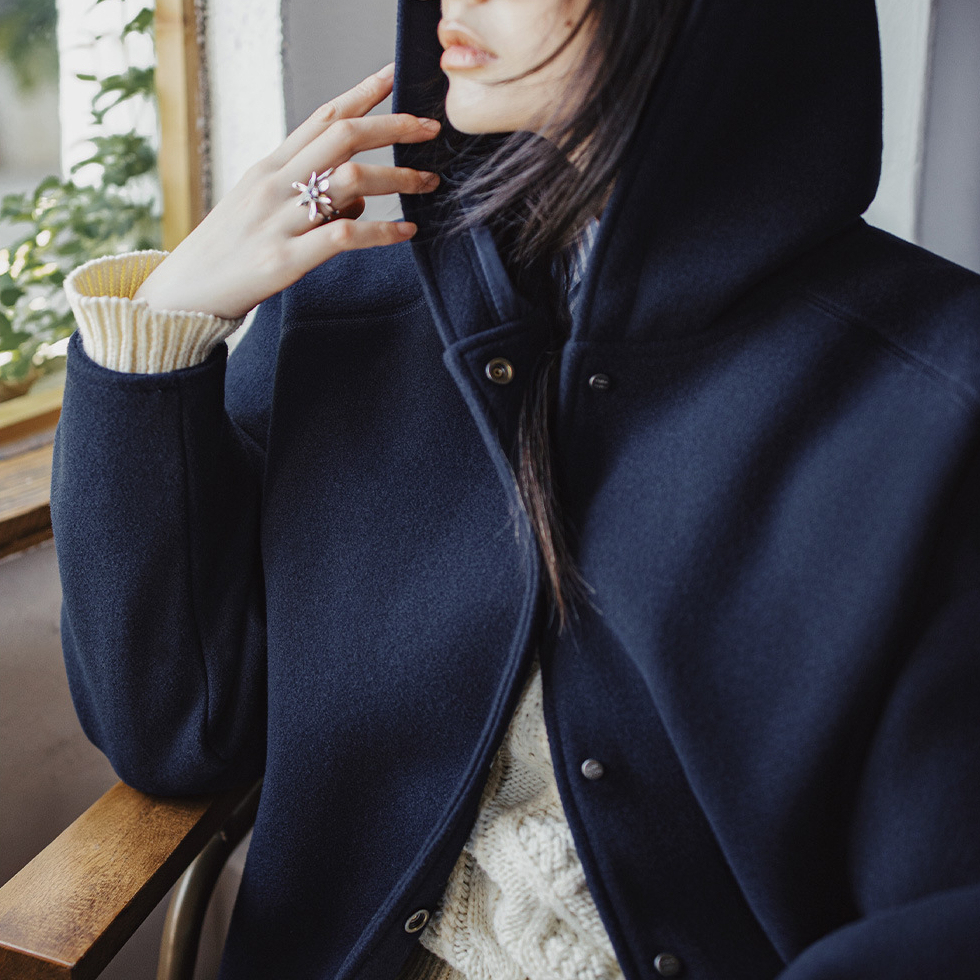復古藏青色收腰休閒加厚防風連帽毛呢呢子外套開衫上衣女秋冬