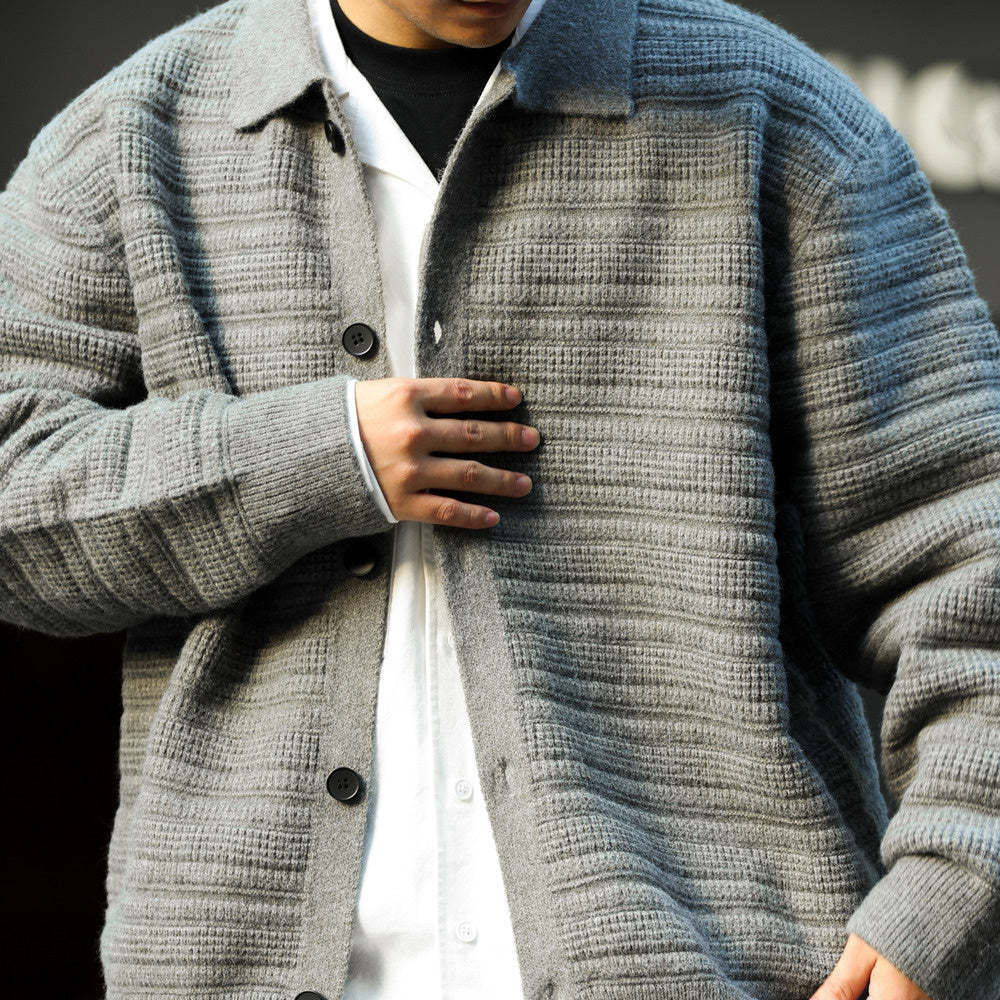 美式慵懶風翻領開衫毛衣男重工肌理加厚保暖外穿針織外套冬-Retro's Wear