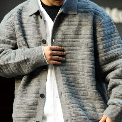 美式慵懶風翻領開衫毛衣男重工肌理加厚保暖外穿針織外套冬-Retro's Wear