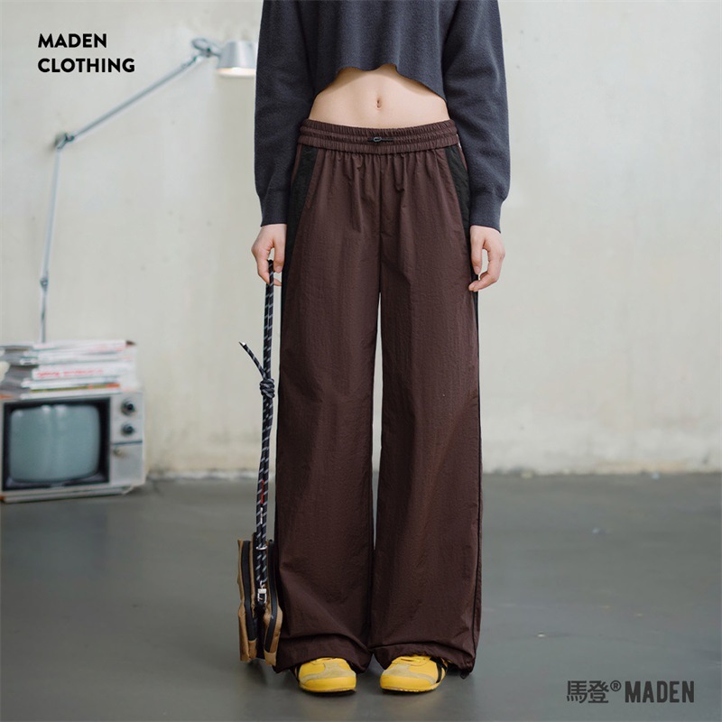 美式撞色休閒褲寬鬆直筒工裝褲戶外運動長褲鬆緊腰闊腿褲秋女-Retro's Wear