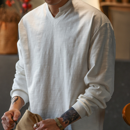 美式休閒竹節紗小V領長袖T恤男寬鬆簡約慵懶感打底衫春