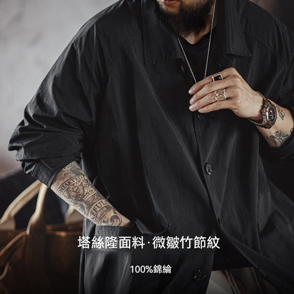 美式黑色巴爾瑪肯風衣翻領中長款日系通勤大衣外套男秋