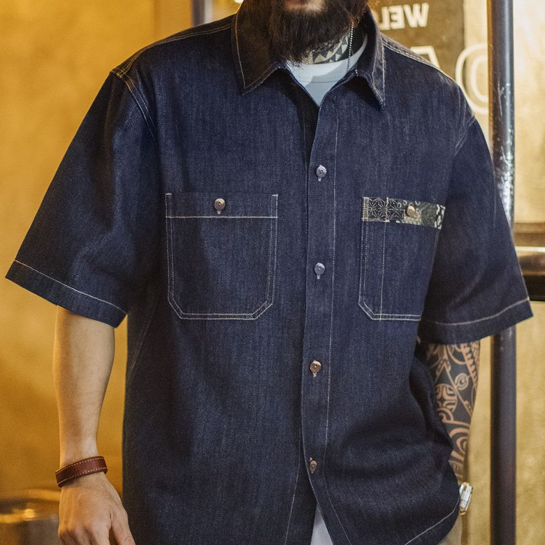 美式復古boro丹寧回潮牛仔襯衣日系藍染翻領襯衫外套男