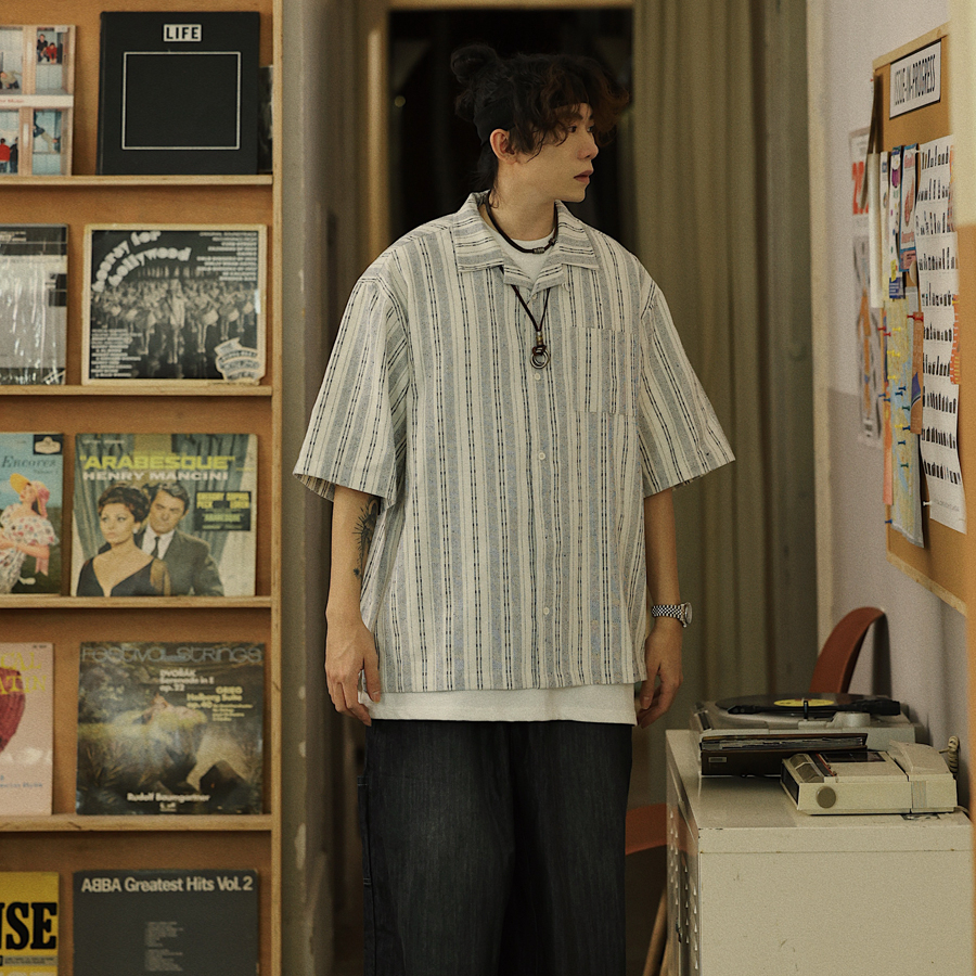 夏季日系條紋口袋工裝襯衫男少年感休閒潮流短袖襯衣