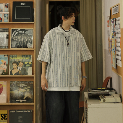 夏季日系條紋口袋工裝襯衫男少年感休閒潮流短袖襯衣