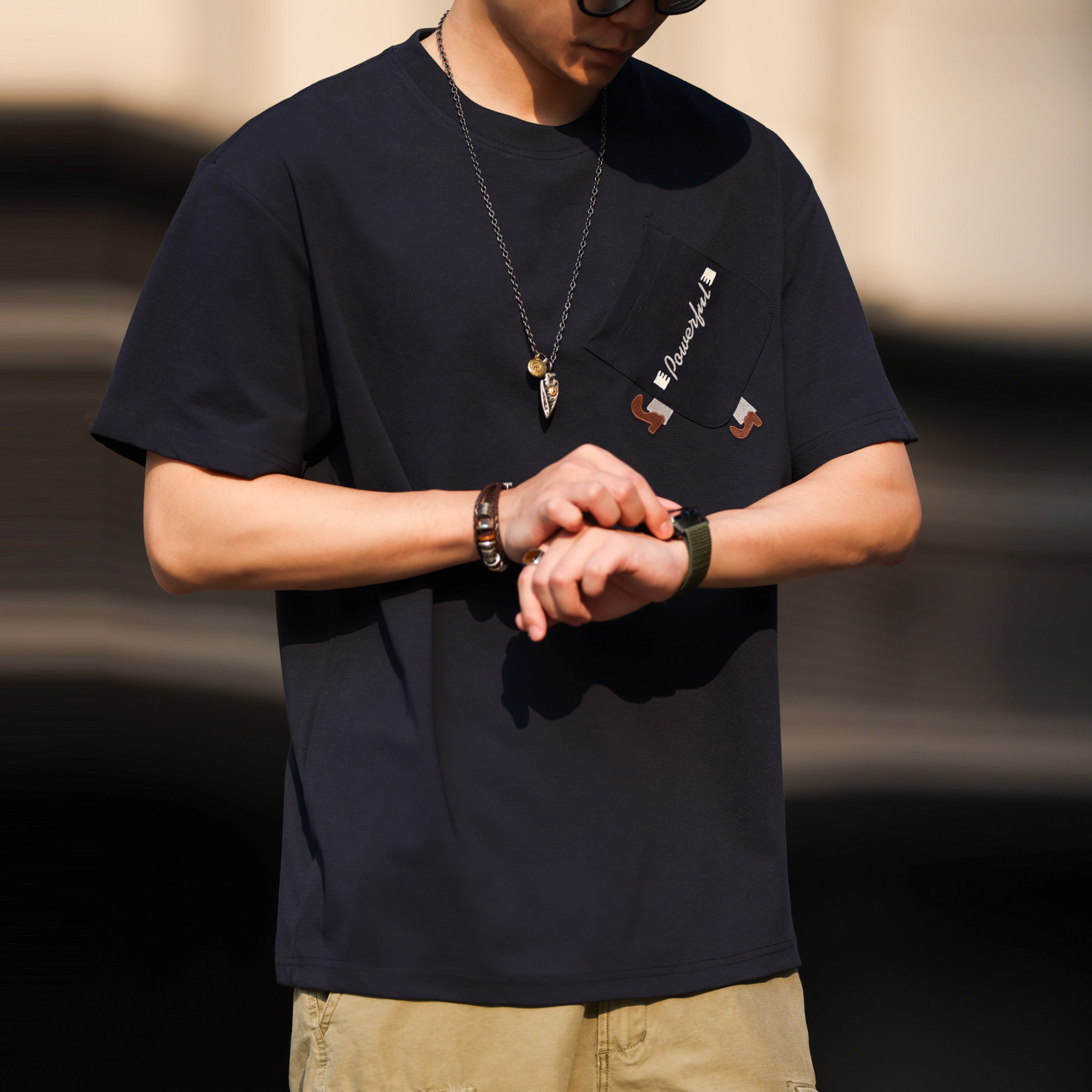 美式休閒220g雲梯紋理短袖T恤男寬鬆刺繡口袋設計TEE春