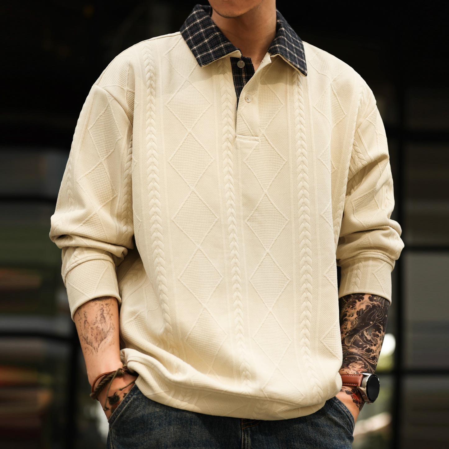 美式休閒針織提花肌理感衛衣男撞色格子翻領長袖POLO衫