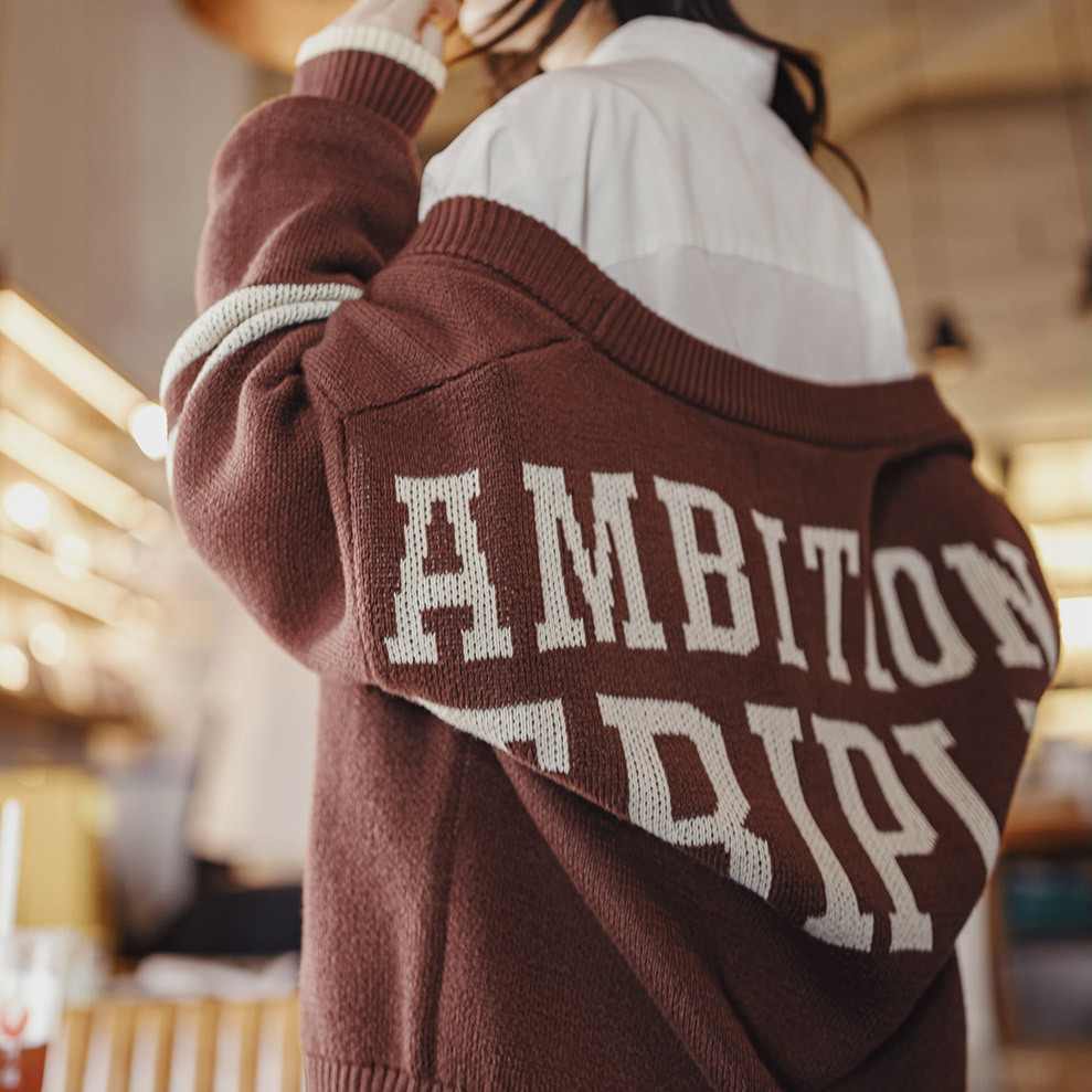 美式復古長袖棕色V領針織開衫外套上衣寬鬆撞色毛衣女士秋冬