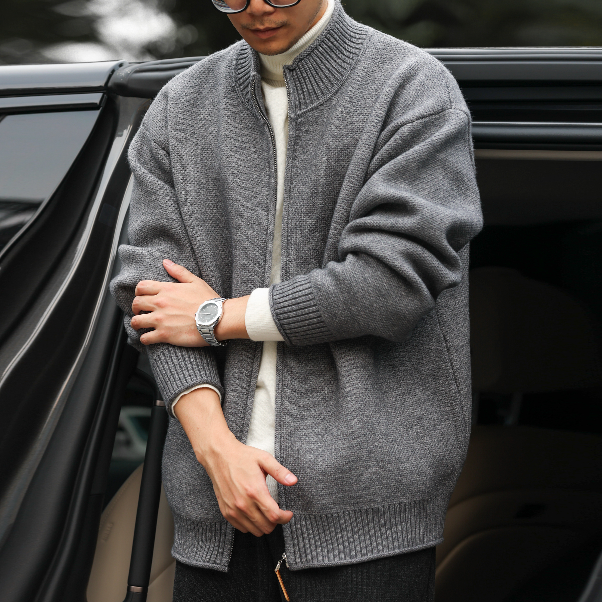 美式復古750g重磅拉鍊開衫毛衣男粗針休閒立領針織外套