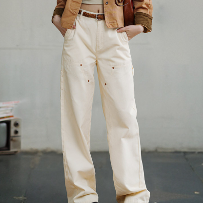 美式工裝褲百搭純棉雙膝伐木褲復古街頭休閒長褲直筒褲春秋女-Retro's Wear