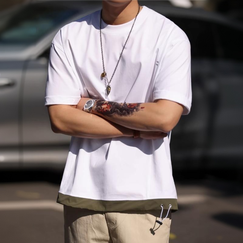 美式戶外工裝短袖T恤男士夏季撞色拼接裁剪設計休閒TEE