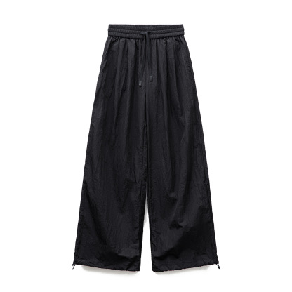 夏新黑色鬆弛感休閒褲寬鬆工裝褲闊腿顯瘦抽繩束脚長褲女