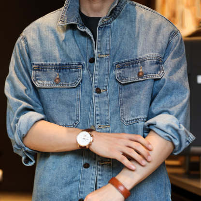 美式復古水洗9.5盎司牛仔襯衫萊賽爾翻領外搭工裝夾克外套秋-Retro's Wear