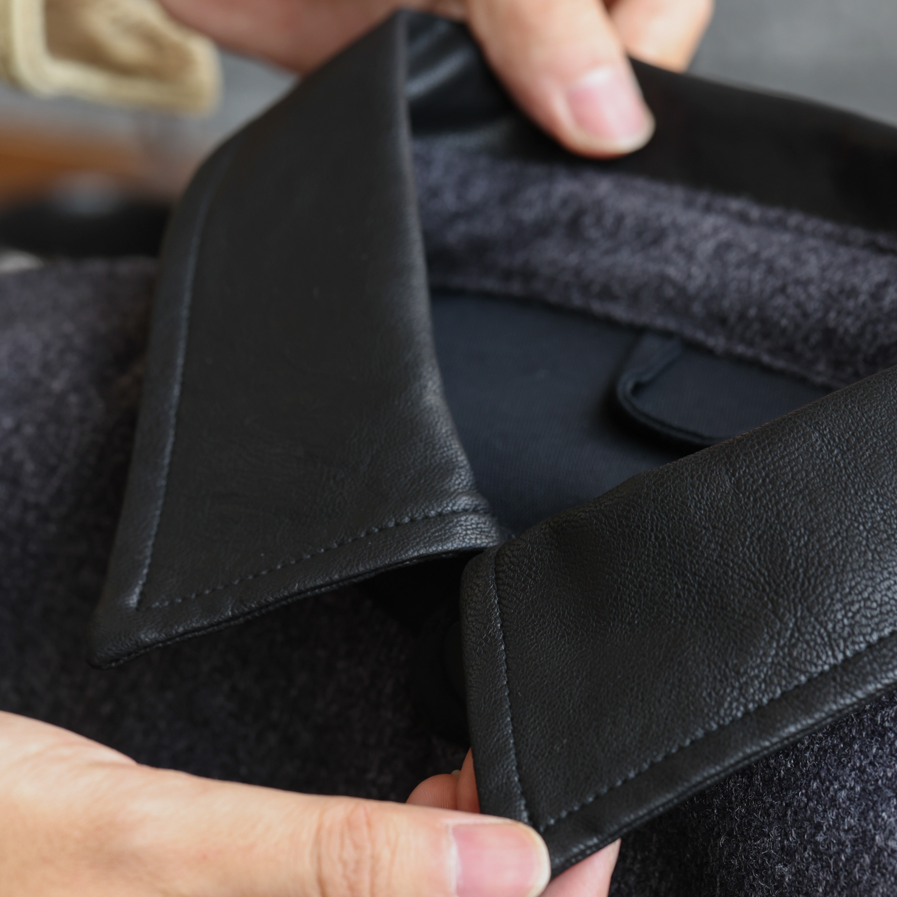 美式復古720g羊毛呢保暖襯衣外套男拼接皮質翻領襯衫冬