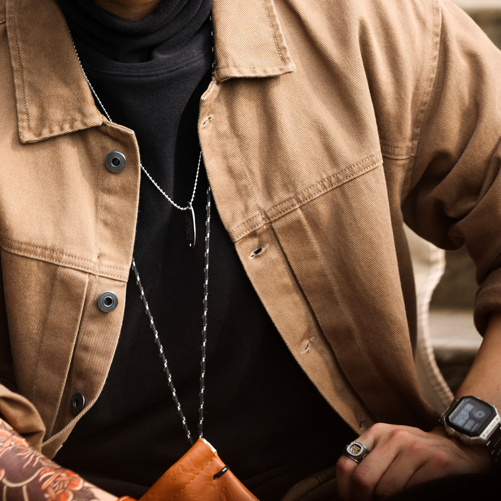 美式格雷系碳素磨毛復古夾克男士寬鬆休閒重磅翻領工裝外套-Retro's Wear