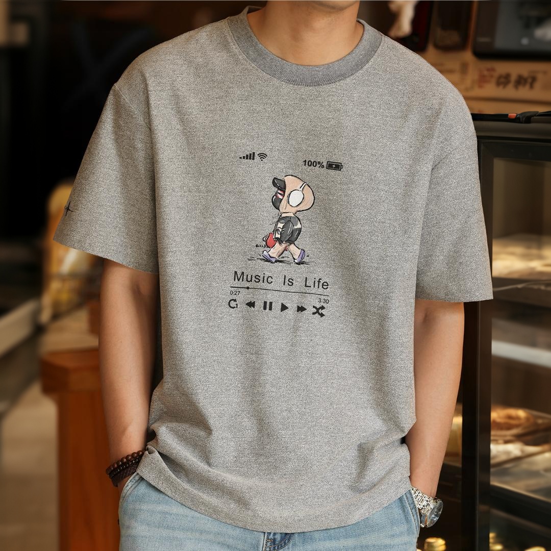 磨褶肌理感印花刺繡短袖T恤男士美式休閒寬鬆趣味打底衫