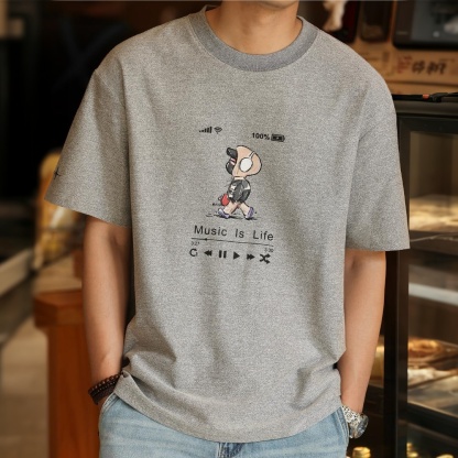 磨褶肌理感印花刺繡短袖T恤男士美式休閒寬鬆趣味打底衫