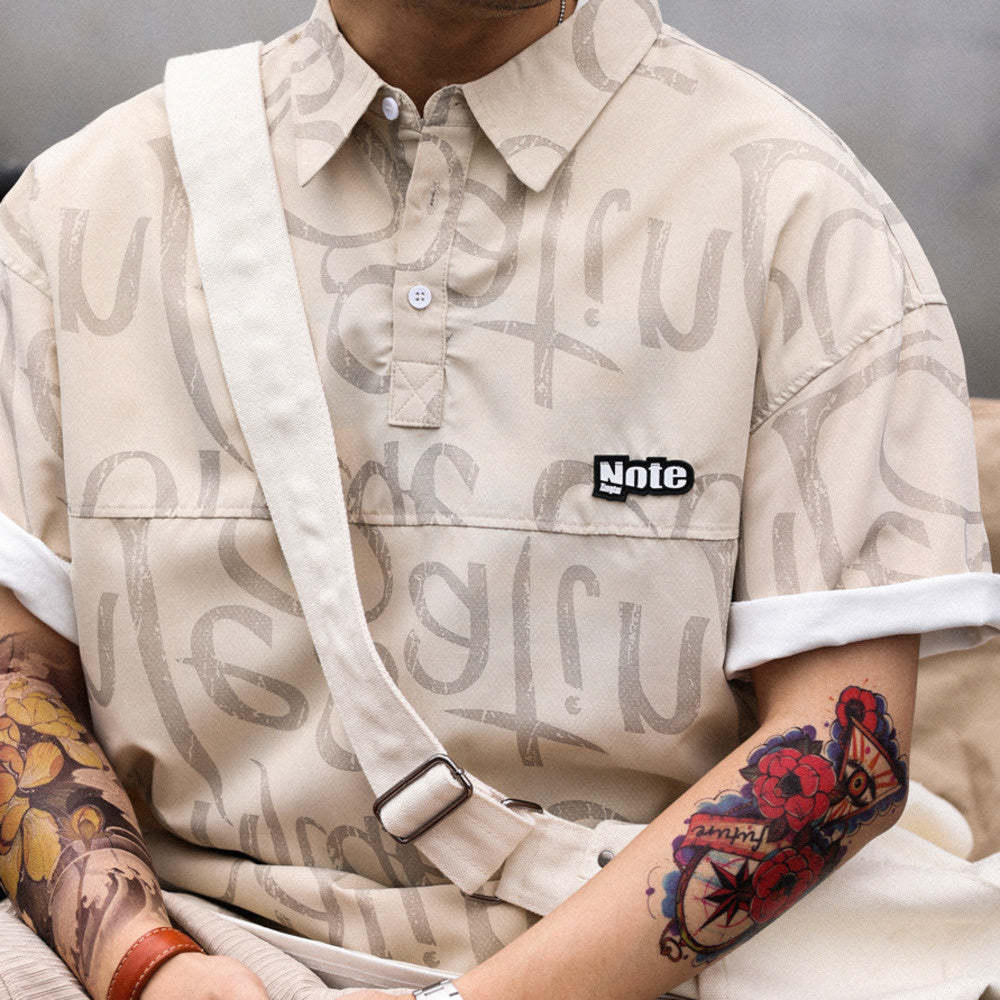 美式滿印塗鴉冰絲短袖POLO衫男薄款寬鬆工裝半袖保羅衫T恤夏-Retro's Wear