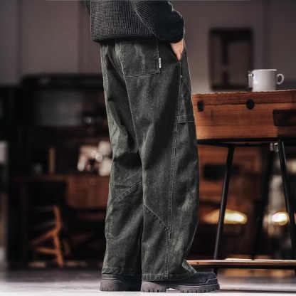 美式復古工裝休閒褲男士秋冬新款寬鬆闊腿軍綠色彎刀傘兵褲