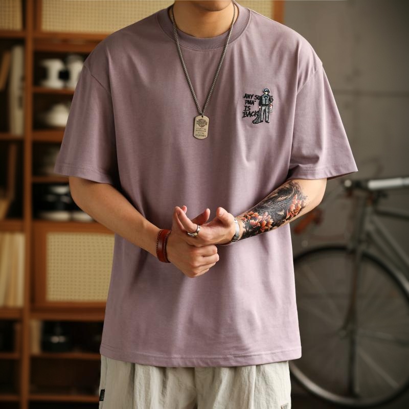 日系釣魚印花刺繡短袖T恤男士美式復古純棉休閒圓領上衣
