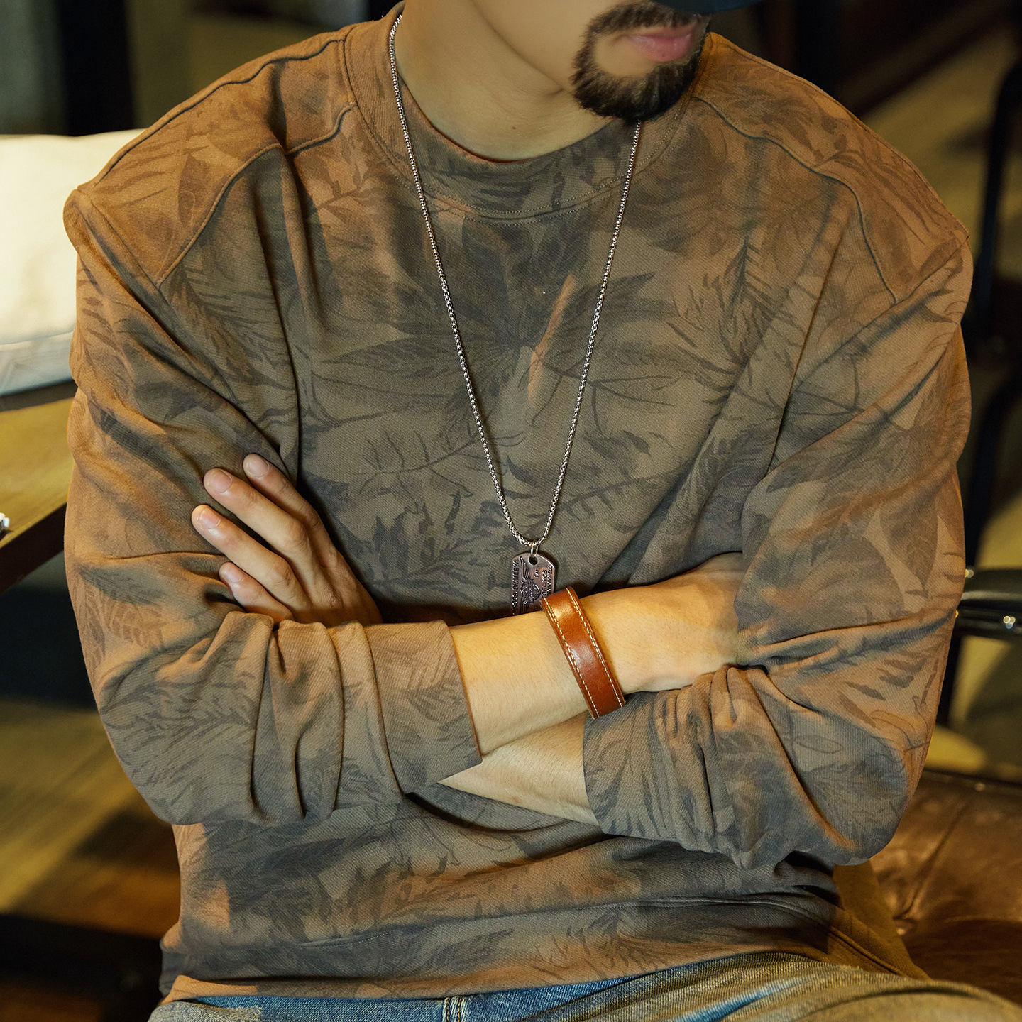 美式復古樹葉滿印花長袖T恤男2025秋季新款寬鬆圓領打底衫上衣