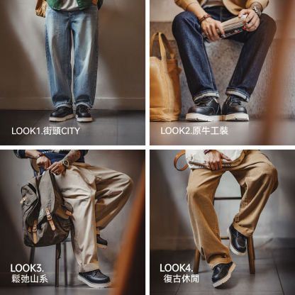 秋季新款莫卡辛美式復古工裝鞋男士厚軟底薄款黑色休閒皮鞋子