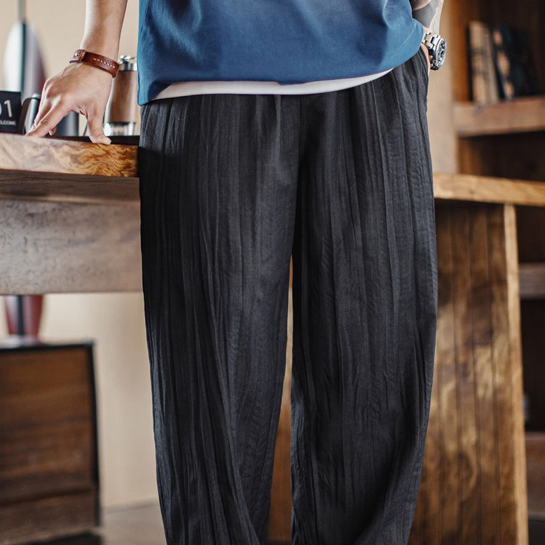 美式休閒水波紋褶皺坐禪褲日系鬆弛cityboy休閒褲男春夏