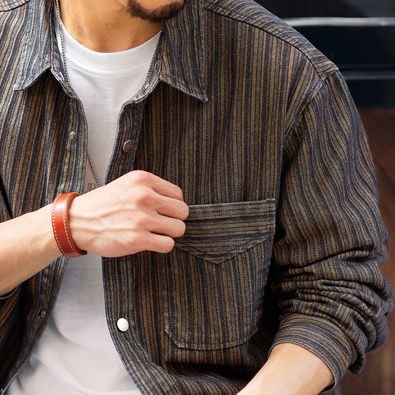 條紋提花復古休閒牛仔襯衫男2025秋季新款美式翻領長袖襯衣外套