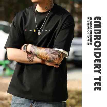 美式休閒刺繡短袖T恤男寬鬆簡約圓領親膚落肩袖打底TEE