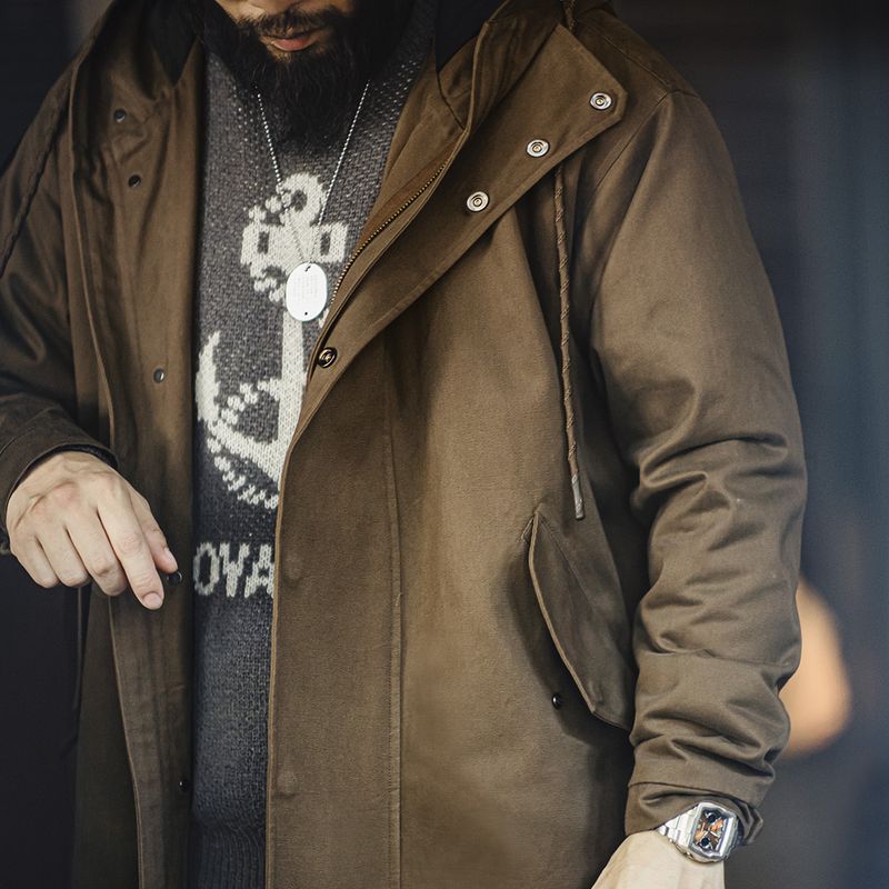 美式復古M51磨毛連帽風衣軍事風寬鬆純棉中長款外套男秋-Retro's Wear